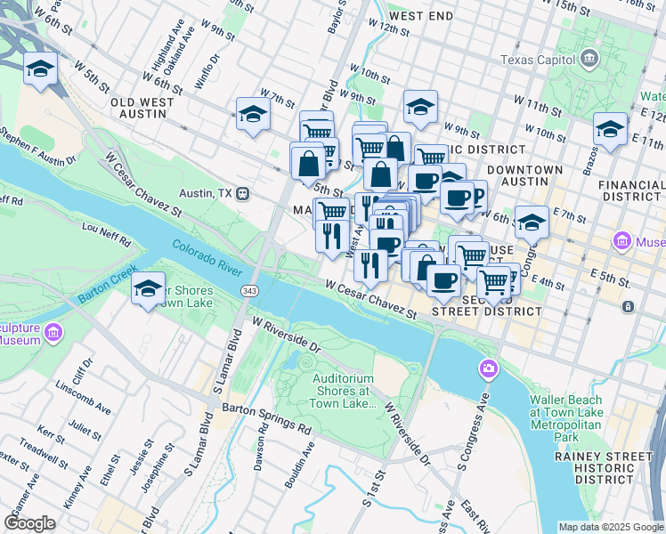 map of restaurants, bars, coffee shops, grocery stores, and more near 100 West Avenue in Austin