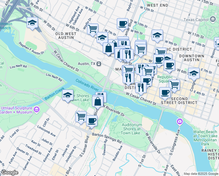 map of restaurants, bars, coffee shops, grocery stores, and more near 115 Sandra Muraida Way in Austin