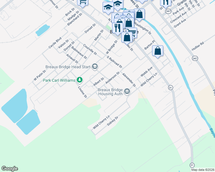 map of restaurants, bars, coffee shops, grocery stores, and more near 715 Anderson Street in Breaux Bridge