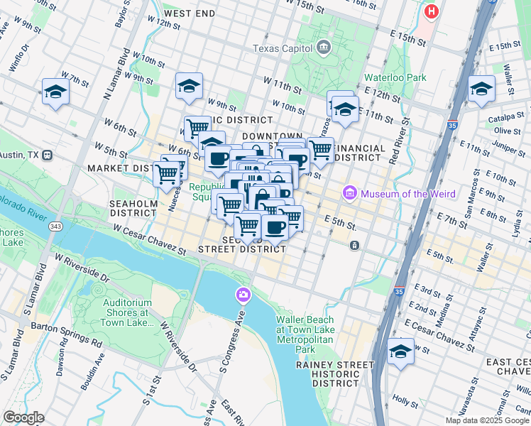 map of restaurants, bars, coffee shops, grocery stores, and more near 40 Congress Avenue in Austin