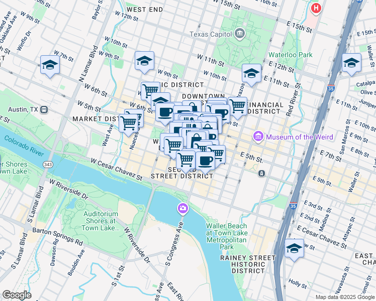 map of restaurants, bars, coffee shops, grocery stores, and more near 405 Colorado Street in Austin