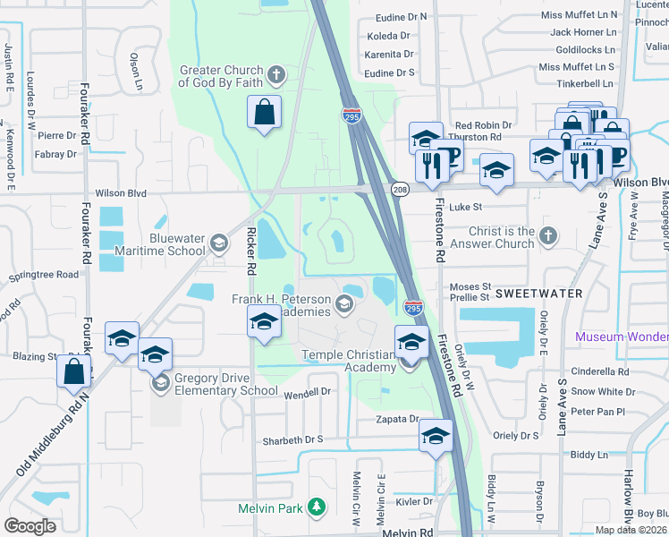 map of restaurants, bars, coffee shops, grocery stores, and more near 3671 Kirkpatrick Circle in Jacksonville