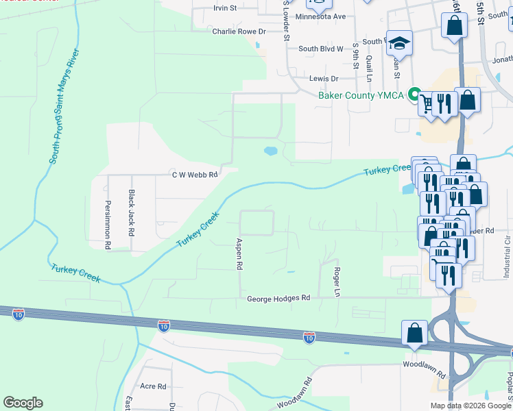 map of restaurants, bars, coffee shops, grocery stores, and more near 5645 Myrtle Road in Macclenny