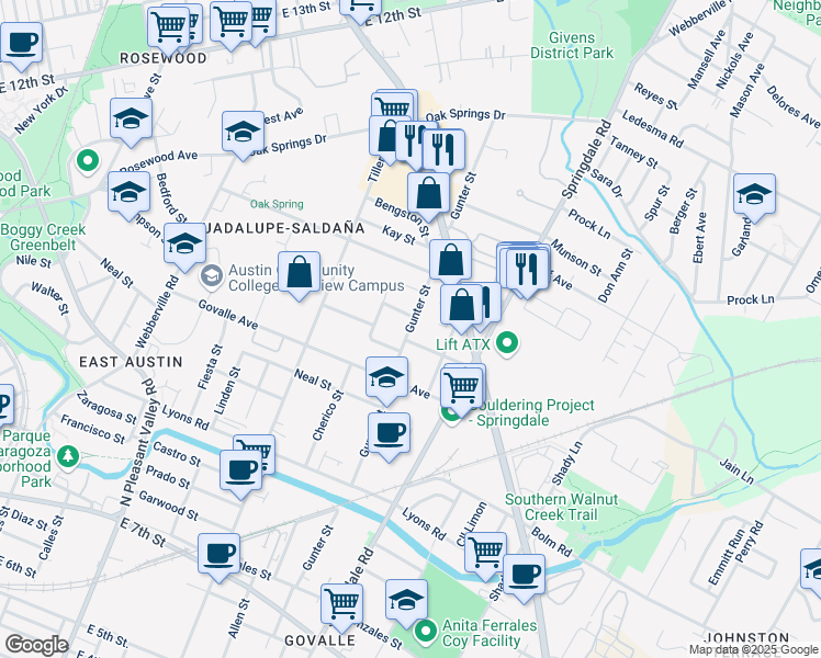 map of restaurants, bars, coffee shops, grocery stores, and more near 1122 3/4 Gunter Street in Austin