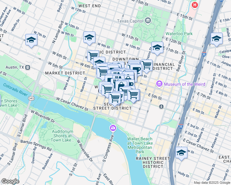 map of restaurants, bars, coffee shops, grocery stores, and more near Colorado Street & West 4th Street in Austin