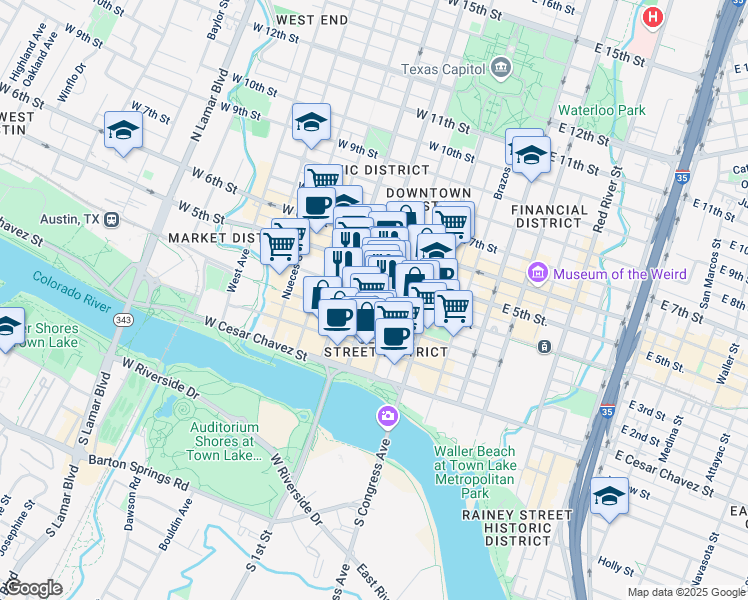 map of restaurants, bars, coffee shops, grocery stores, and more near 400 Lavaca Street in Austin
