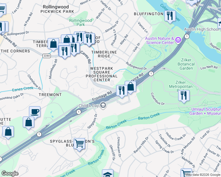 map of restaurants, bars, coffee shops, grocery stores, and more near 2244 Bee Caves Road in Rollingwood