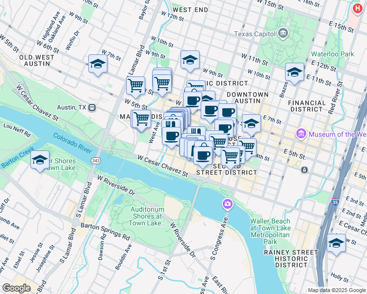 map of restaurants, bars, coffee shops, grocery stores, and more near 501 West 3rd Street in Austin