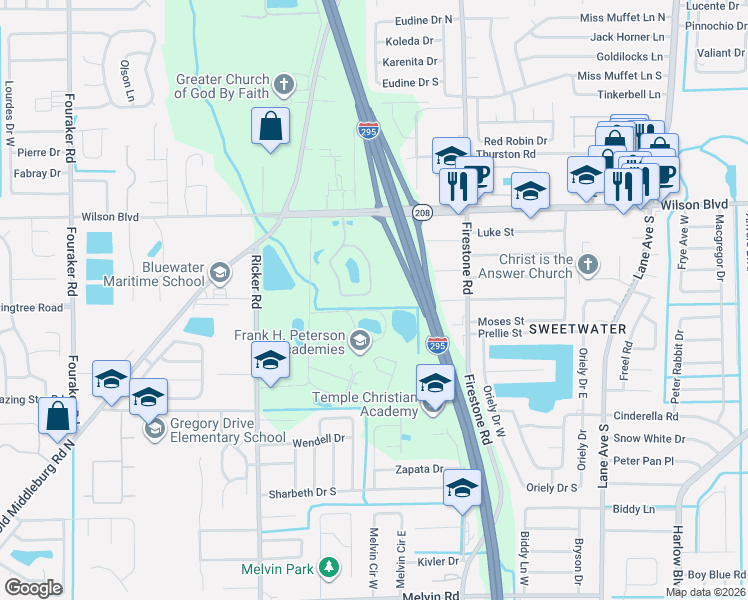 map of restaurants, bars, coffee shops, grocery stores, and more near 3690 Kirkpatrick Circle in Jacksonville