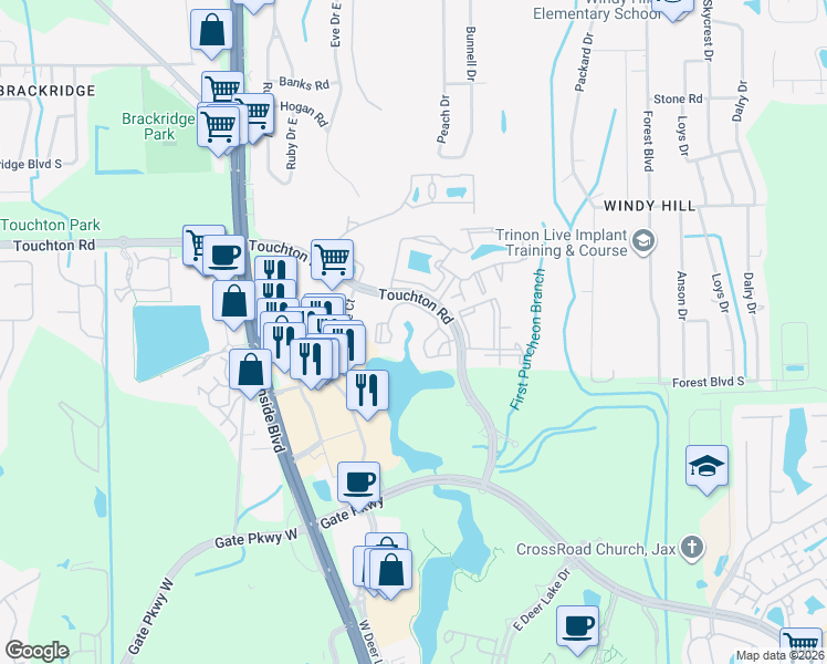 map of restaurants, bars, coffee shops, grocery stores, and more near 9800 Touchton Road in Jacksonville