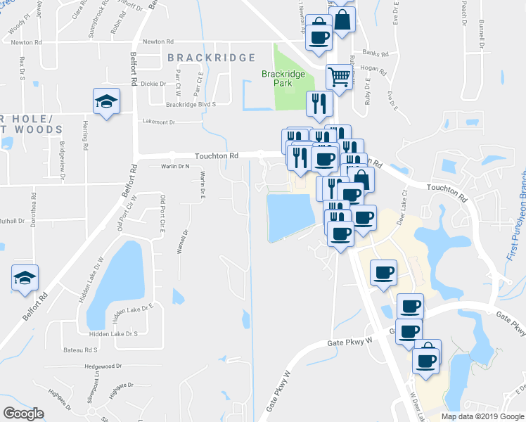 map of restaurants, bars, coffee shops, grocery stores, and more near 8550 Touchton Road in Jacksonville