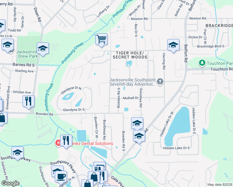 map of restaurants, bars, coffee shops, grocery stores, and more near 3231 Bowden Road South in Jacksonville