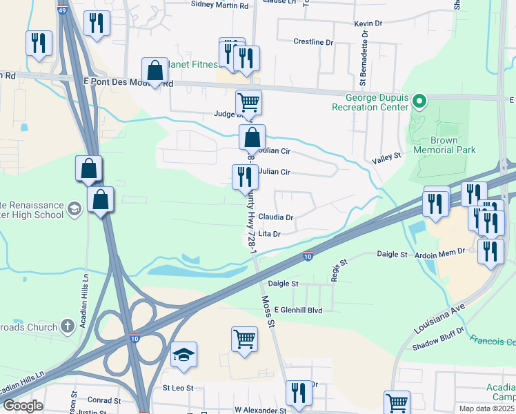 map of restaurants, bars, coffee shops, grocery stores, and more near 103 Hillcrest Drive in Lafayette