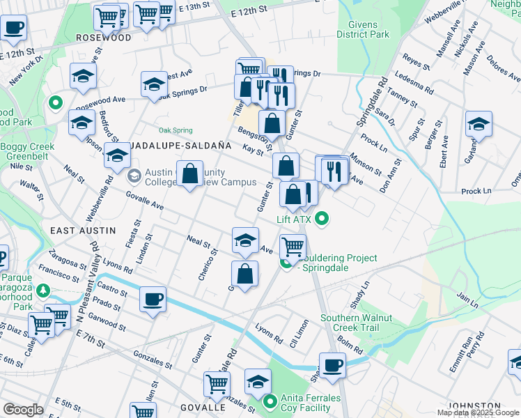 map of restaurants, bars, coffee shops, grocery stores, and more near 1122 3/4 Gunter Street in Austin