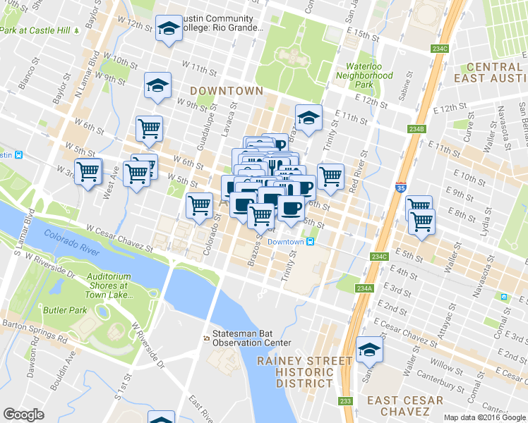 map of restaurants, bars, coffee shops, grocery stores, and more near 501 Brazos Street in Austin