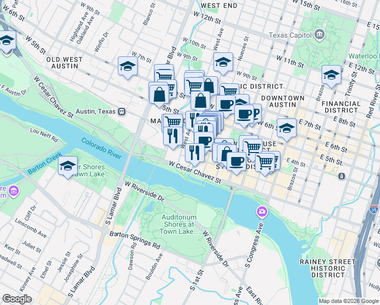 map of restaurants, bars, coffee shops, grocery stores, and more near 100 West Avenue in Austin