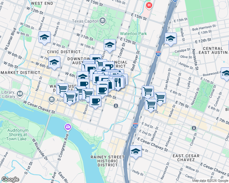 map of restaurants, bars, coffee shops, grocery stores, and more near 418 East 6th Street in Austin