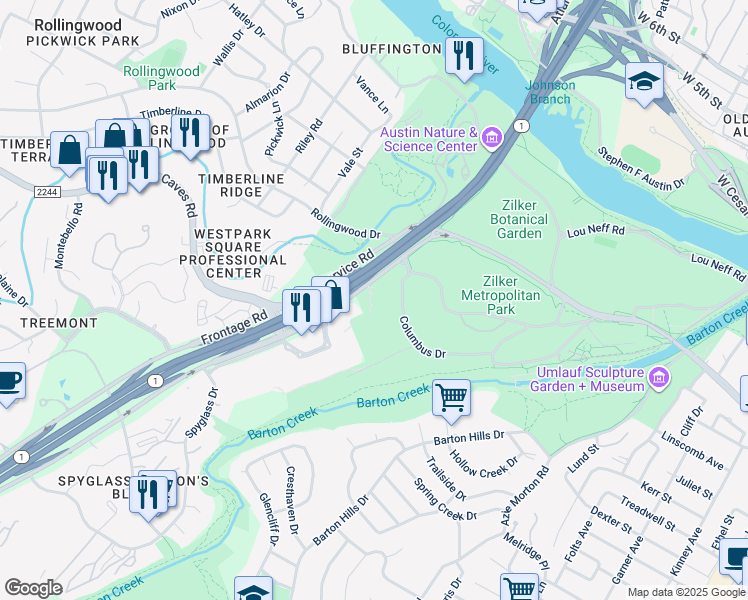 map of restaurants, bars, coffee shops, grocery stores, and more near 2401 Columbus Drive in Austin