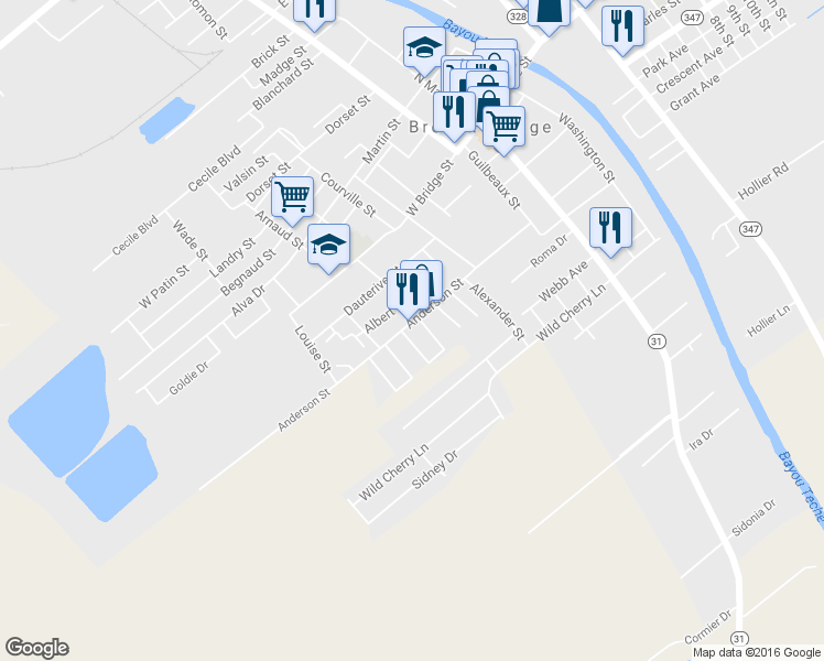 map of restaurants, bars, coffee shops, grocery stores, and more near 715 Anderson Street in Breaux Bridge
