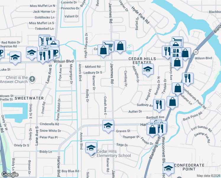 map of restaurants, bars, coffee shops, grocery stores, and more near 3838 Colebrooke Drive in Jacksonville