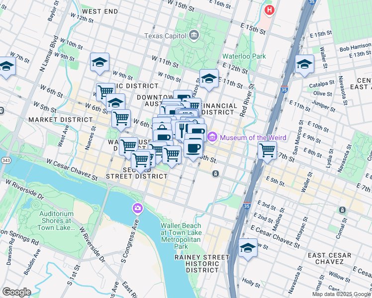 map of restaurants, bars, coffee shops, grocery stores, and more near 515 Congress Avenue in Austin