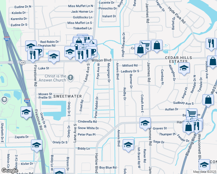 map of restaurants, bars, coffee shops, grocery stores, and more near 3644 Frye Avenue South in Jacksonville
