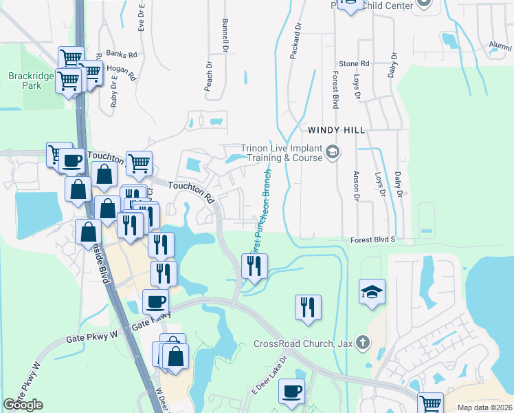 map of restaurants, bars, coffee shops, grocery stores, and more near 4435 Touchton Road in Jacksonville
