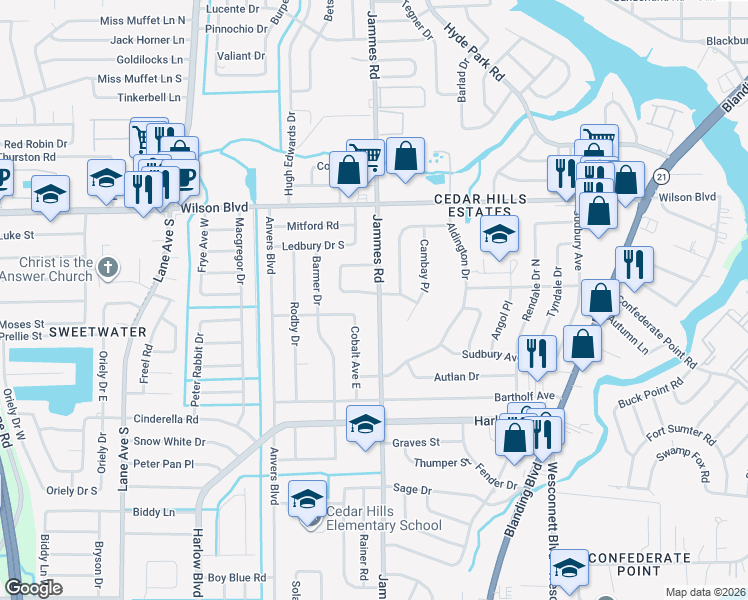 map of restaurants, bars, coffee shops, grocery stores, and more near 3838 Colebrooke Drive in Jacksonville