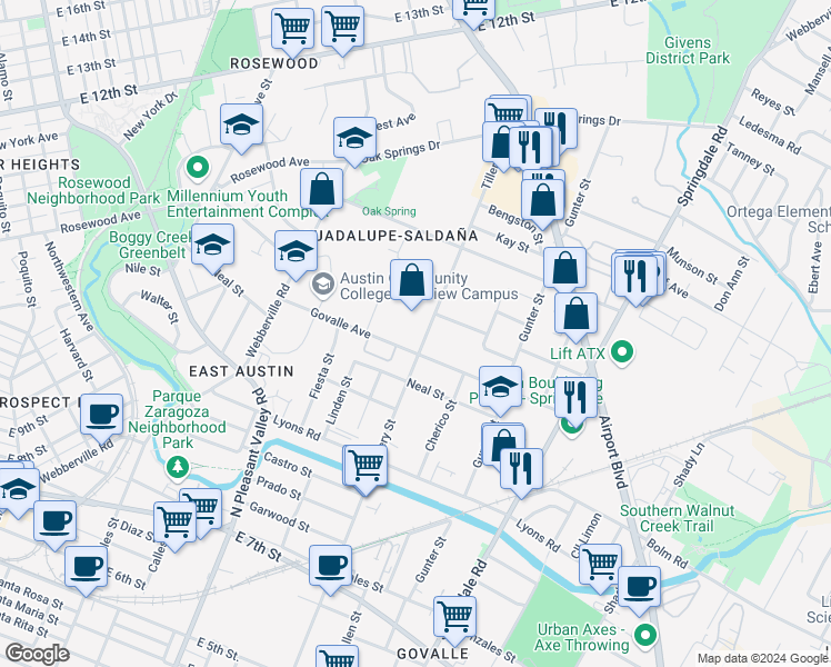 map of restaurants, bars, coffee shops, grocery stores, and more near 1118 Tillery Street in Austin