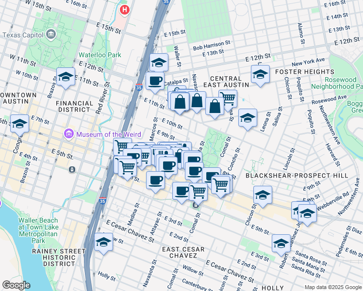 map of restaurants, bars, coffee shops, grocery stores, and more near 1103 East 9th Street in Austin