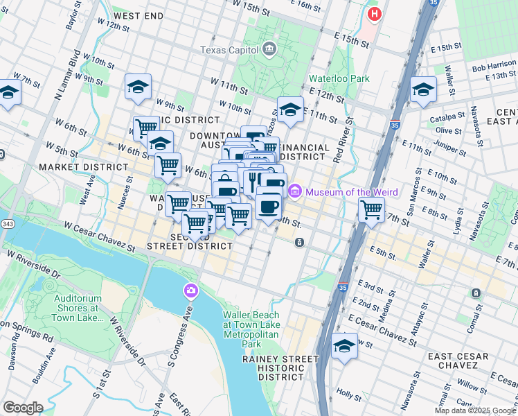 map of restaurants, bars, coffee shops, grocery stores, and more near 501 Brazos Street in Austin