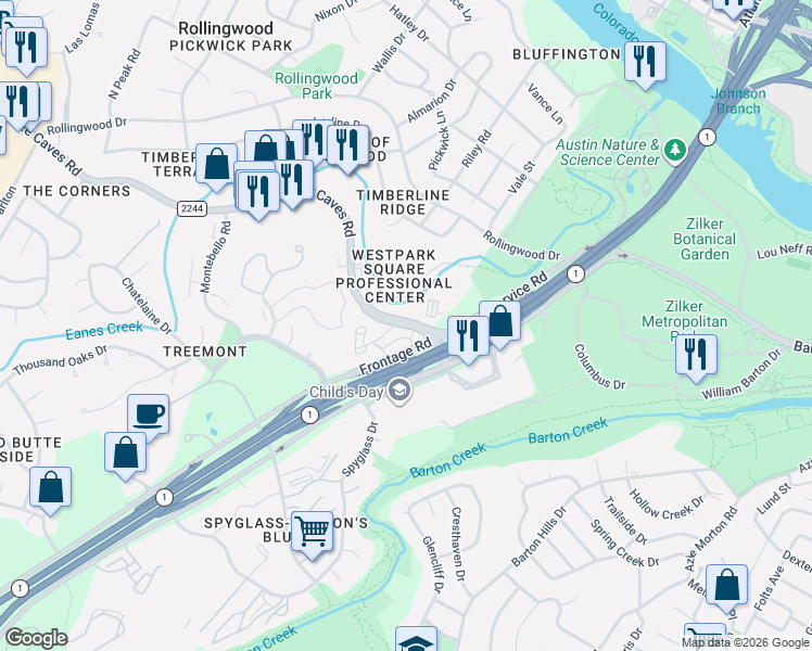 map of restaurants, bars, coffee shops, grocery stores, and more near 2244 Bee Caves Road in Rollingwood