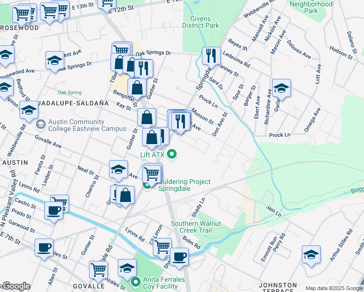 map of restaurants, bars, coffee shops, grocery stores, and more near 1017 Springdale Road in Austin