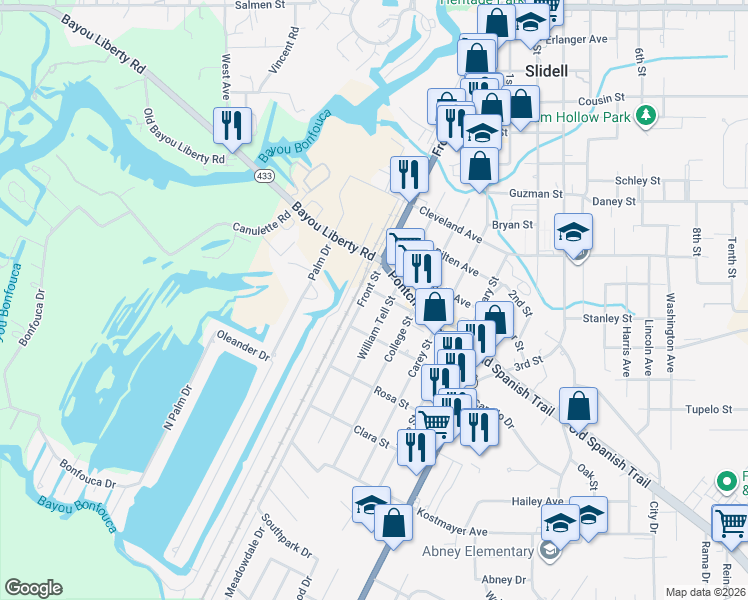map of restaurants, bars, coffee shops, grocery stores, and more near 119 Lee Street in Slidell