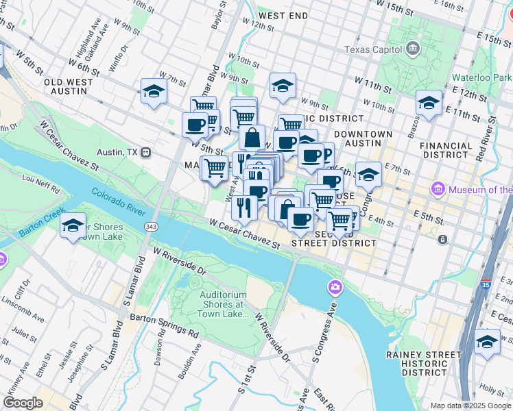 map of restaurants, bars, coffee shops, grocery stores, and more near 208 Nueces Street in Austin