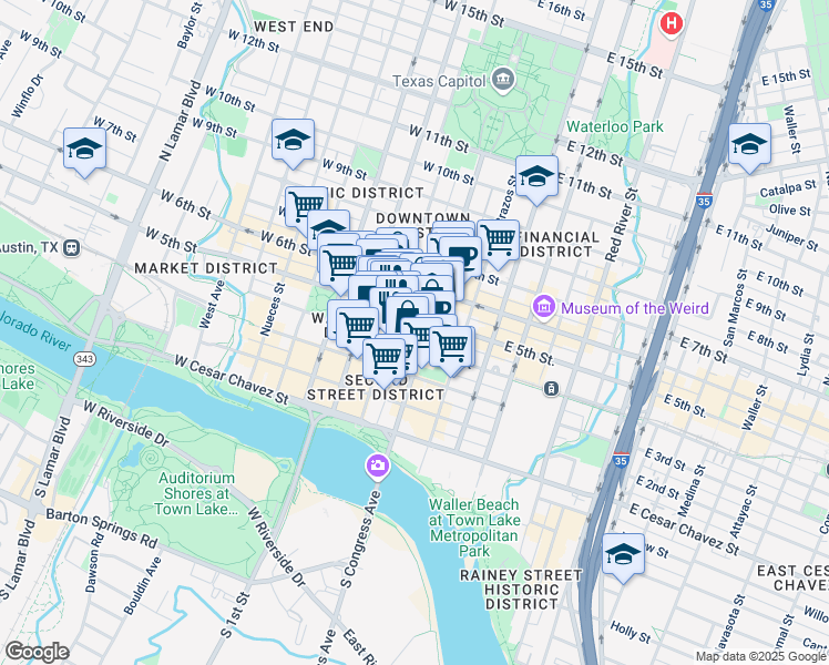map of restaurants, bars, coffee shops, grocery stores, and more near 410 Congress Avenue in Austin