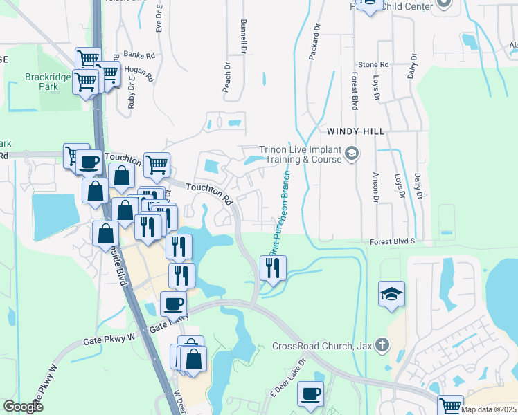 map of restaurants, bars, coffee shops, grocery stores, and more near 4435 Touchton Rd E in Jacksonville