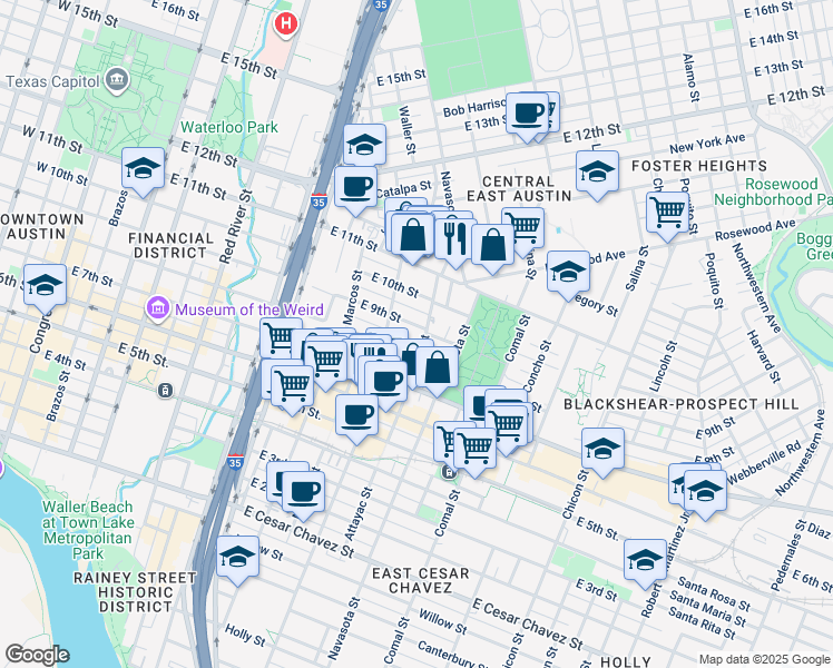 map of restaurants, bars, coffee shops, grocery stores, and more near 1113 East 9th Street in Austin