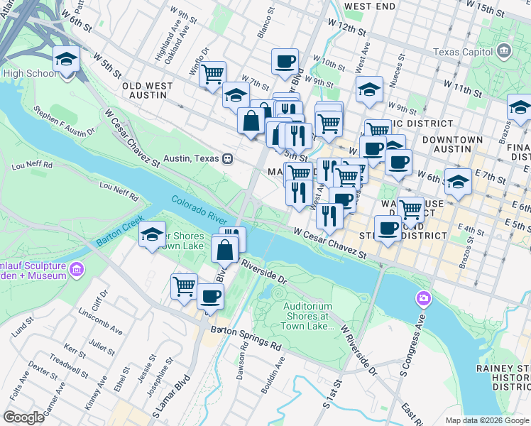 map of restaurants, bars, coffee shops, grocery stores, and more near 111 Sandra Muraida Way in Austin
