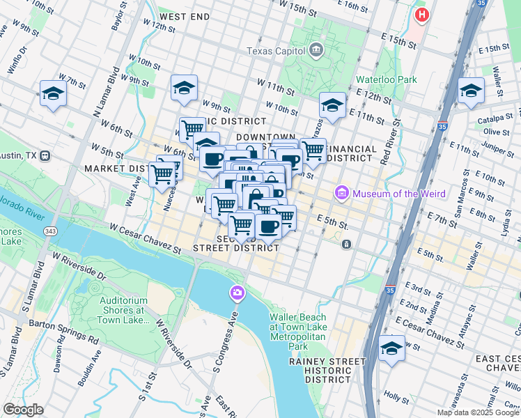 map of restaurants, bars, coffee shops, grocery stores, and more near 410 Congress Avenue in Austin