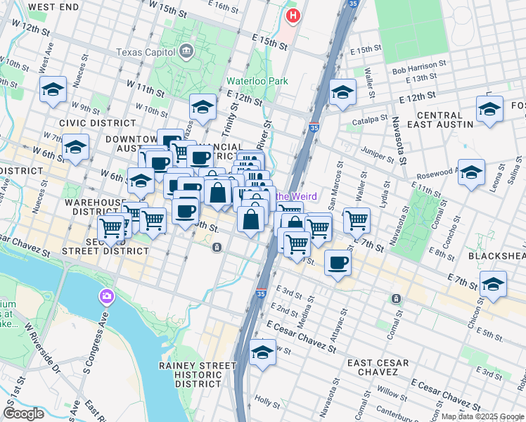 map of restaurants, bars, coffee shops, grocery stores, and more near 703 East 7th Street in Austin