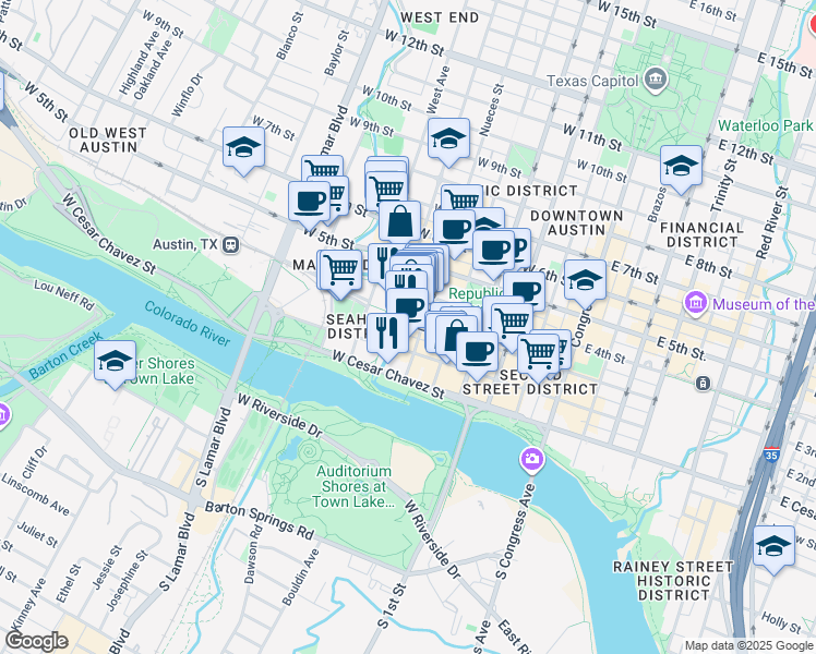 map of restaurants, bars, coffee shops, grocery stores, and more near 607 West 3rd Street in Austin