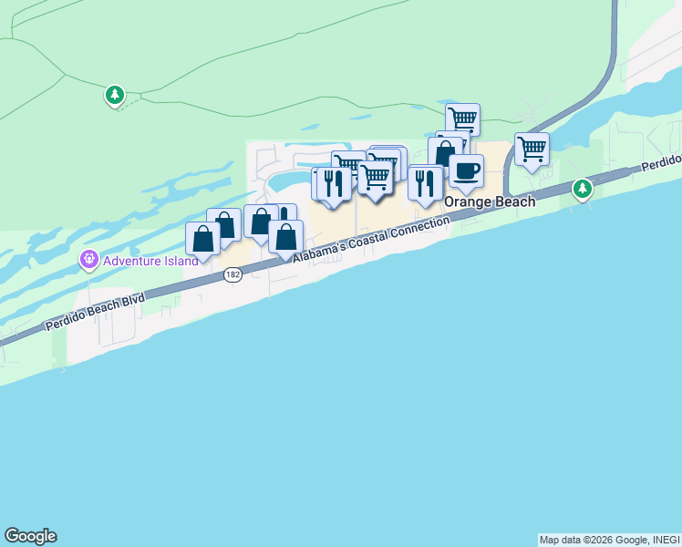 map of restaurants, bars, coffee shops, grocery stores, and more near 25250 Perdido Beach Boulevard in Orange Beach