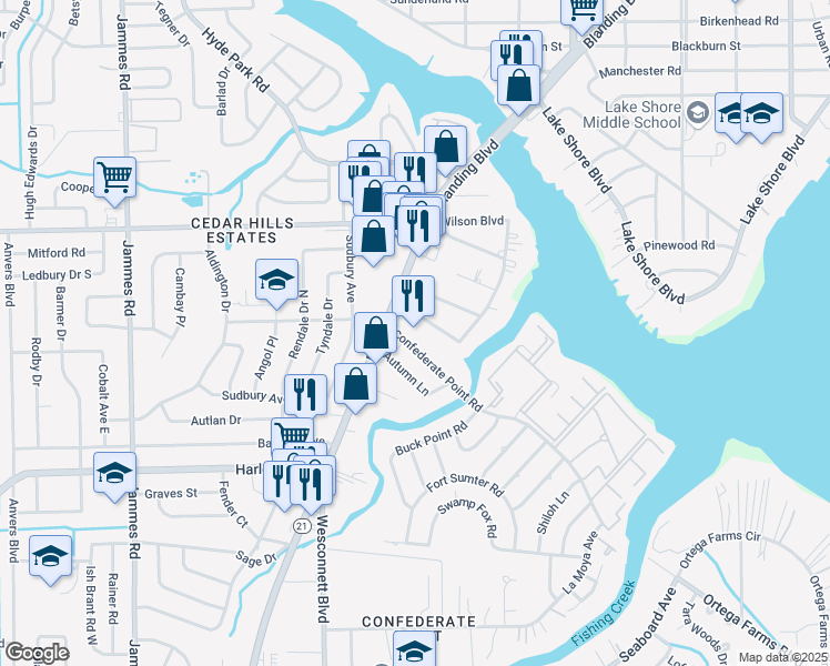 map of restaurants, bars, coffee shops, grocery stores, and more near 3963 Confederate Point Road in Jacksonville