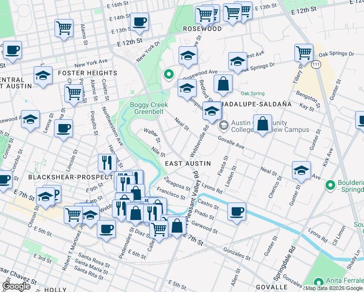 map of restaurants, bars, coffee shops, grocery stores, and more near 2907 Kuhlman Avenue in Austin