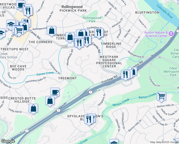 map of restaurants, bars, coffee shops, grocery stores, and more near 1001 Land Creek Cove in Austin