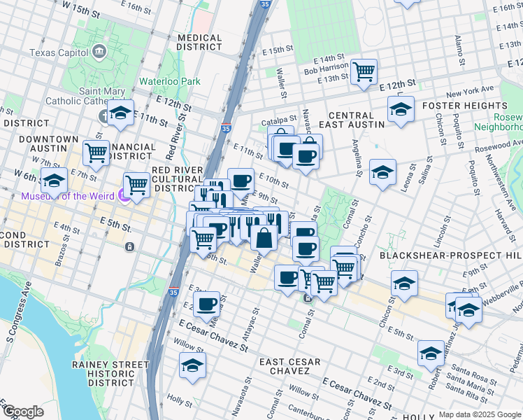 map of restaurants, bars, coffee shops, grocery stores, and more near 1012 East 8th Street in Austin