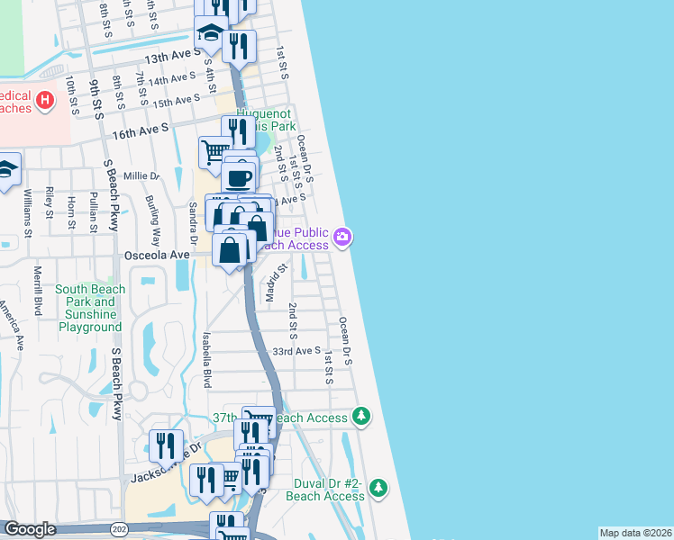 map of restaurants, bars, coffee shops, grocery stores, and more near 2601 Ocean Drive South in Jacksonville Beach