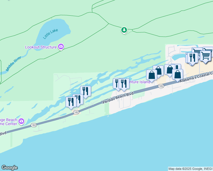 map of restaurants, bars, coffee shops, grocery stores, and more near Adventure Island Parkway in Orange Beach