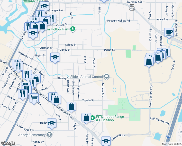 map of restaurants, bars, coffee shops, grocery stores, and more near 2779 Tenth Street in Slidell